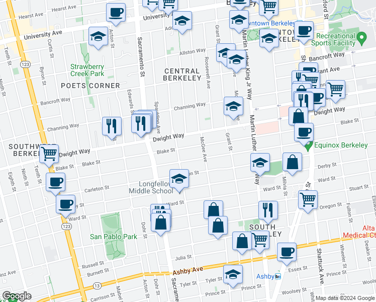 map of restaurants, bars, coffee shops, grocery stores, and more near 1630 Blake Street in Berkeley