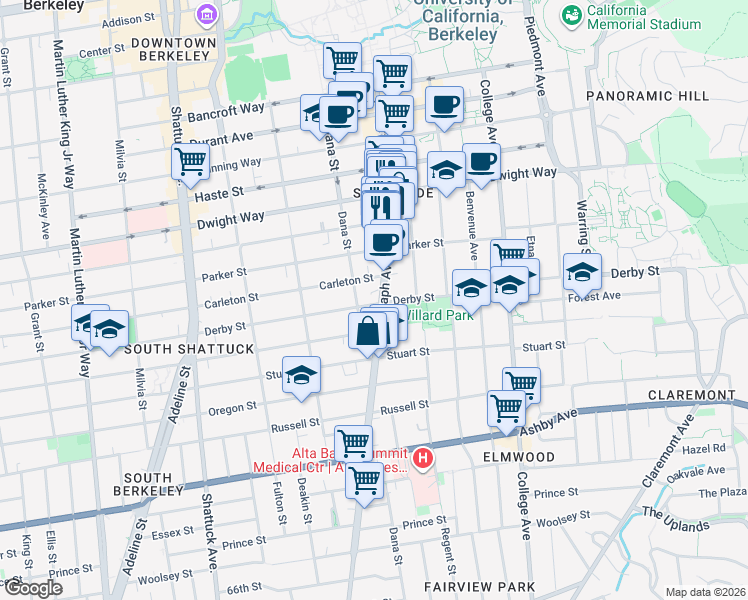 map of restaurants, bars, coffee shops, grocery stores, and more near 2650 Telegraph Avenue in Berkeley