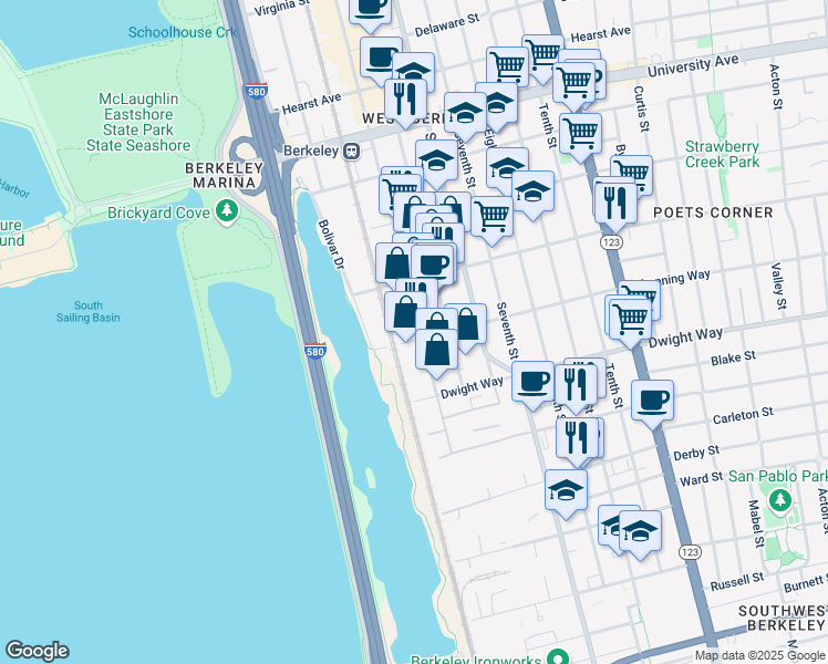 map of restaurants, bars, coffee shops, grocery stores, and more near 2380 Fourth Street in Berkeley