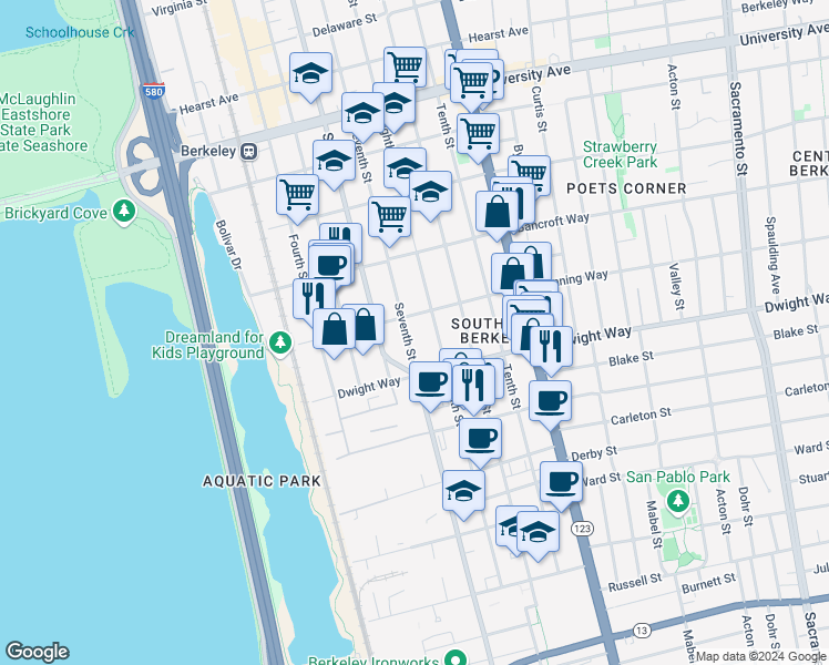 map of restaurants, bars, coffee shops, grocery stores, and more near 2413 Seventh Street in Berkeley