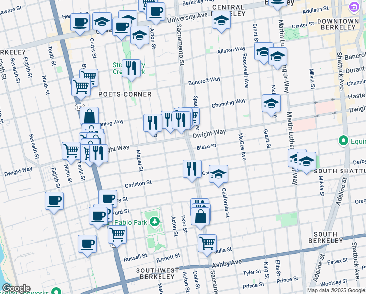 map of restaurants, bars, coffee shops, grocery stores, and more near 1495 Blake Street in Berkeley