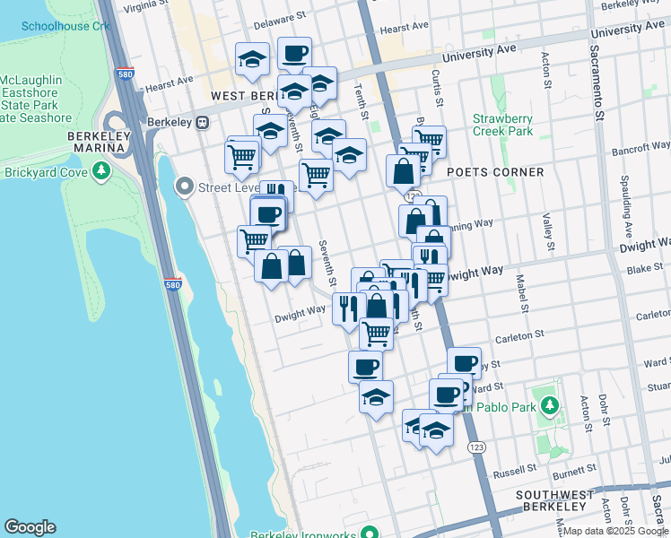 map of restaurants, bars, coffee shops, grocery stores, and more near 2413 Seventh Street in Berkeley