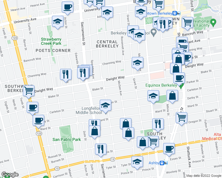 map of restaurants, bars, coffee shops, grocery stores, and more near 1618 Blake Street in Berkeley