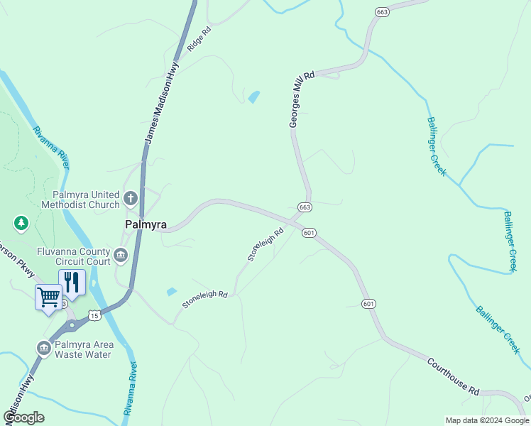 map of restaurants, bars, coffee shops, grocery stores, and more near Courthouse Road in Palmyra