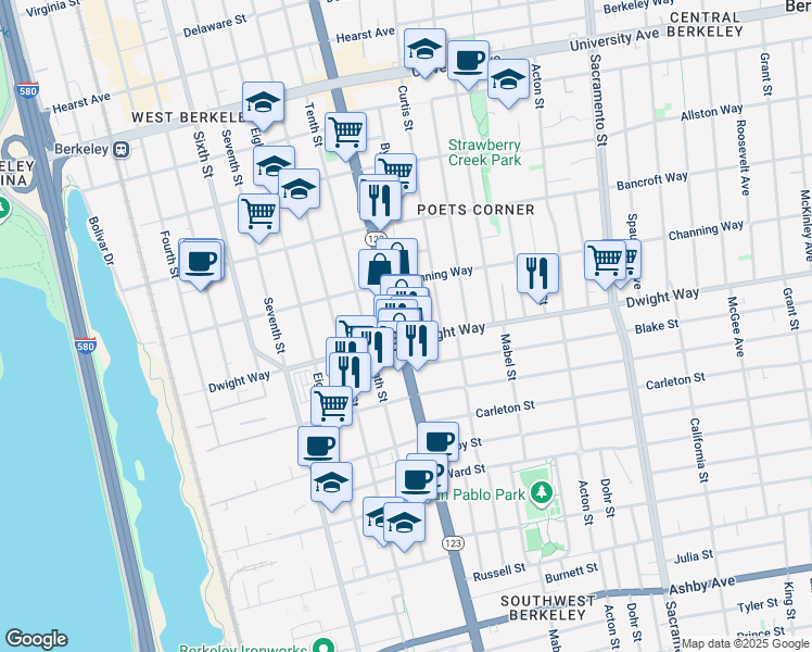 map of restaurants, bars, coffee shops, grocery stores, and more near in Berkeley