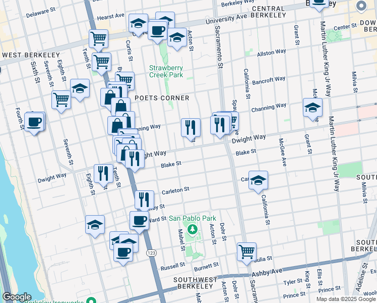 map of restaurants, bars, coffee shops, grocery stores, and more near 1316 Dwight Way in Berkeley