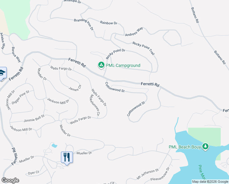 map of restaurants, bars, coffee shops, grocery stores, and more near 19575 Cottonwood St in Groveland-Big Oak Flat