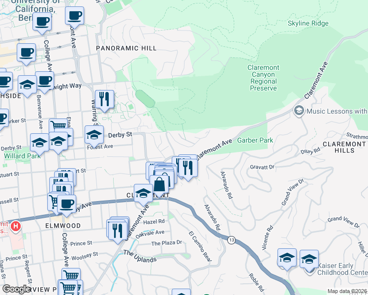 map of restaurants, bars, coffee shops, grocery stores, and more near 190 Stonewall Road in Berkeley