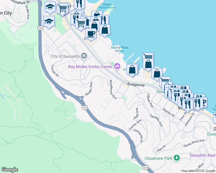 map of restaurants, bars, coffee shops, grocery stores, and more near 5 Rodeo Avenue in Sausalito