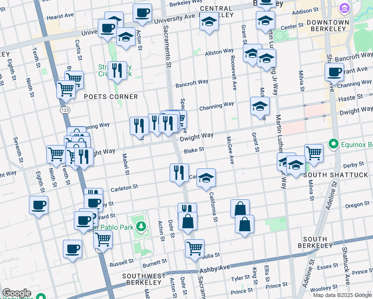 map of restaurants, bars, coffee shops, grocery stores, and more near 1515a Blake Street in Berkeley