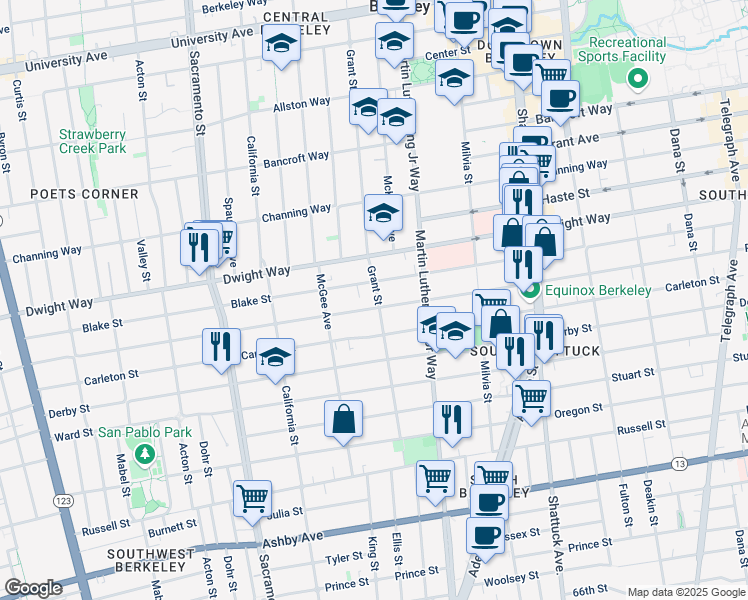 map of restaurants, bars, coffee shops, grocery stores, and more near 2540 Grant Street in Berkeley
