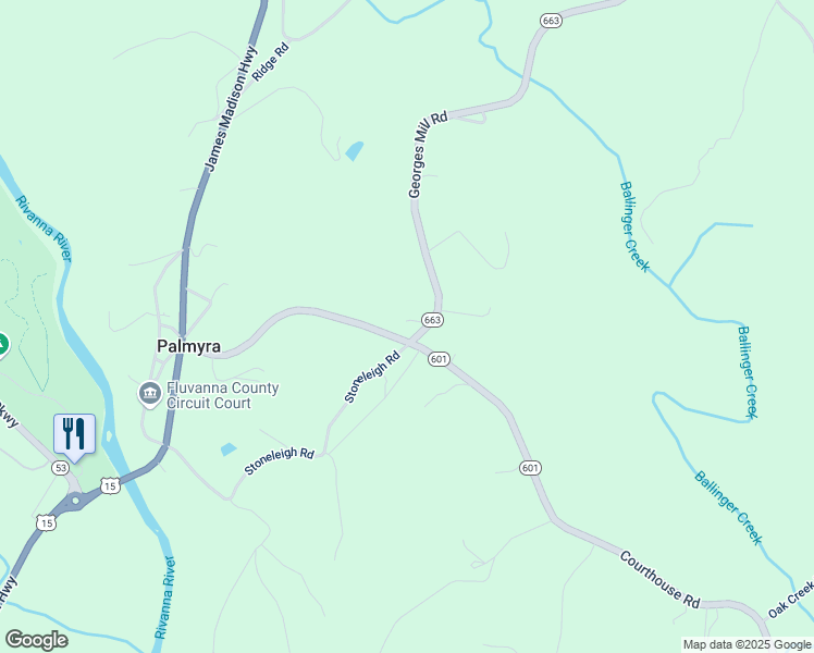 map of restaurants, bars, coffee shops, grocery stores, and more near 521 Courthouse Road in Palmyra