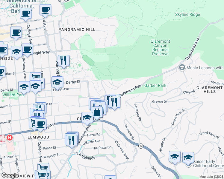map of restaurants, bars, coffee shops, grocery stores, and more near 190 Stonewall Road in Berkeley