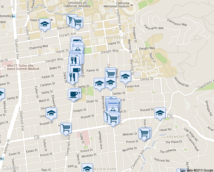 map of restaurants, bars, coffee shops, grocery stores, and more near 2703 Benvenue Avenue in Berkeley