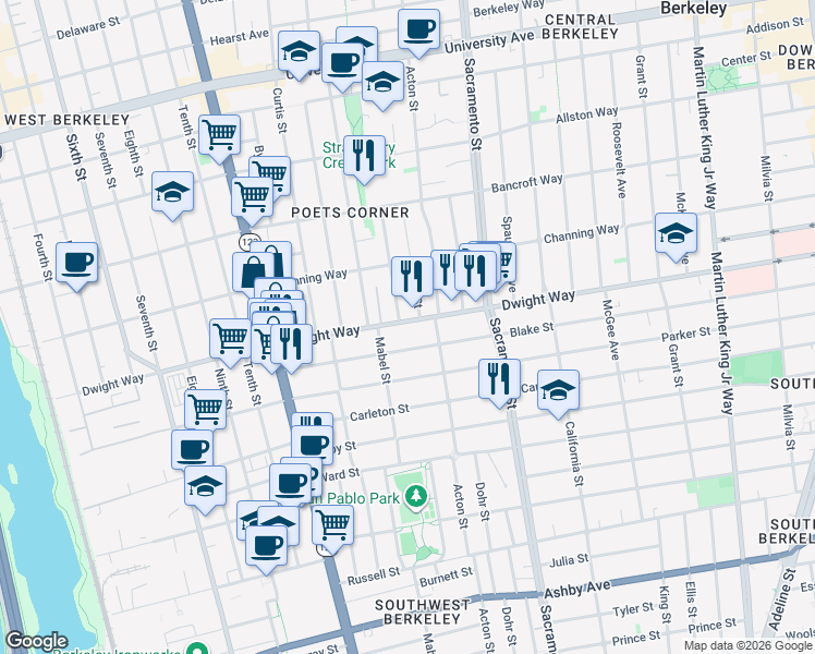 map of restaurants, bars, coffee shops, grocery stores, and more near 1316 Dwight Way in Berkeley