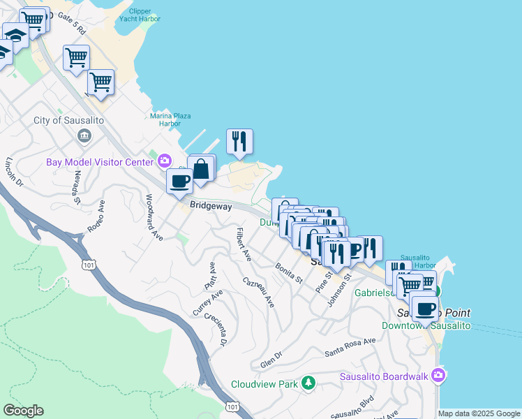 map of restaurants, bars, coffee shops, grocery stores, and more near 1750 Bridgeway in Sausalito