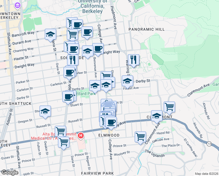map of restaurants, bars, coffee shops, grocery stores, and more near 2707 Forest Avenue in Berkeley
