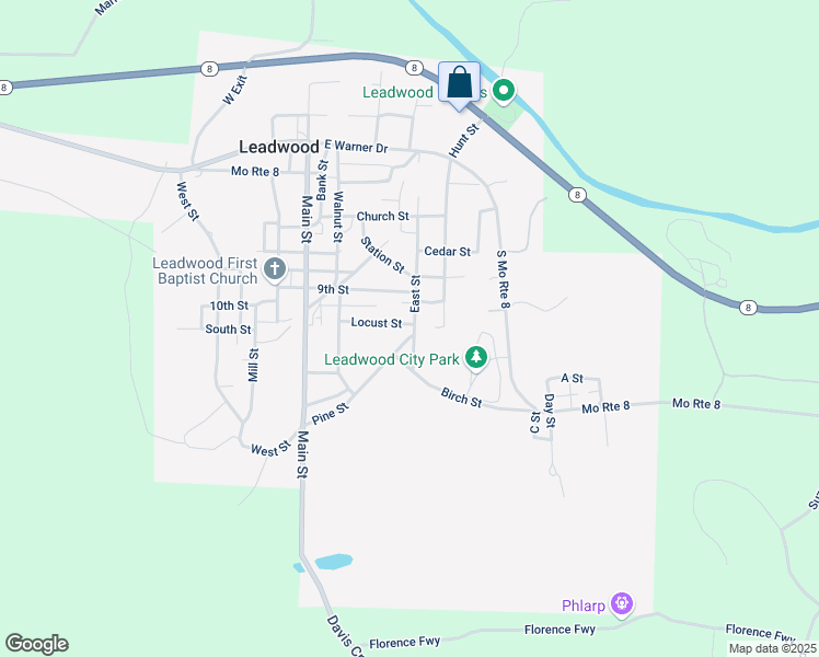 map of restaurants, bars, coffee shops, grocery stores, and more near 1107 East Street in Leadwood