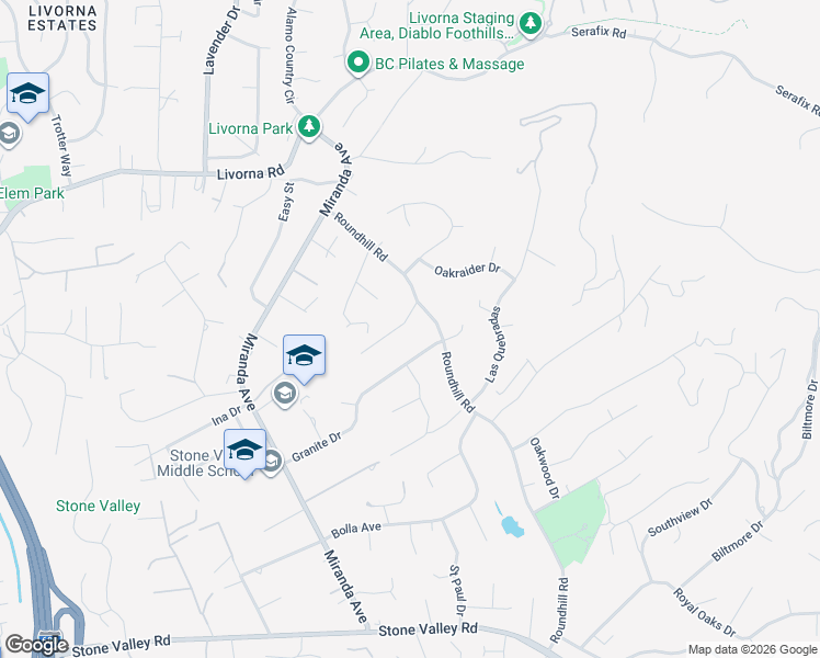 map of restaurants, bars, coffee shops, grocery stores, and more near 105 Garydale Court in Alamo