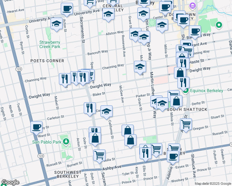 map of restaurants, bars, coffee shops, grocery stores, and more near 1630 Blake Street in Berkeley