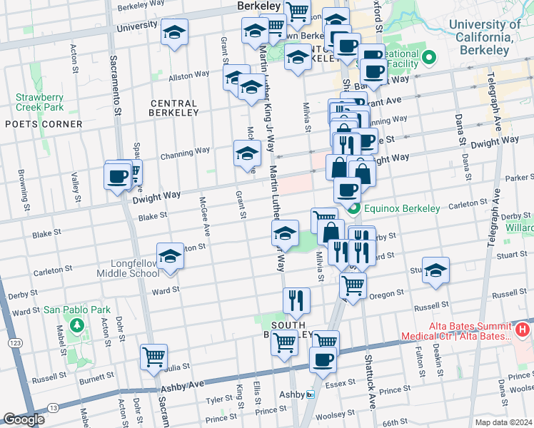 map of restaurants, bars, coffee shops, grocery stores, and more near 1831 Parker Street in Berkeley