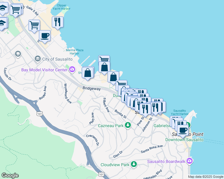 map of restaurants, bars, coffee shops, grocery stores, and more near 1750 Bridgeway in Sausalito