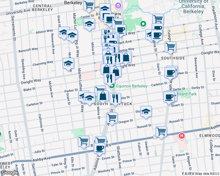 map of restaurants, bars, coffee shops, grocery stores, and more near 2038 Parker Street in Berkeley