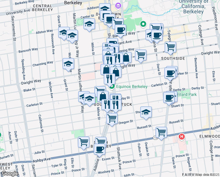 map of restaurants, bars, coffee shops, grocery stores, and more near 2038 Parker Street in Berkeley