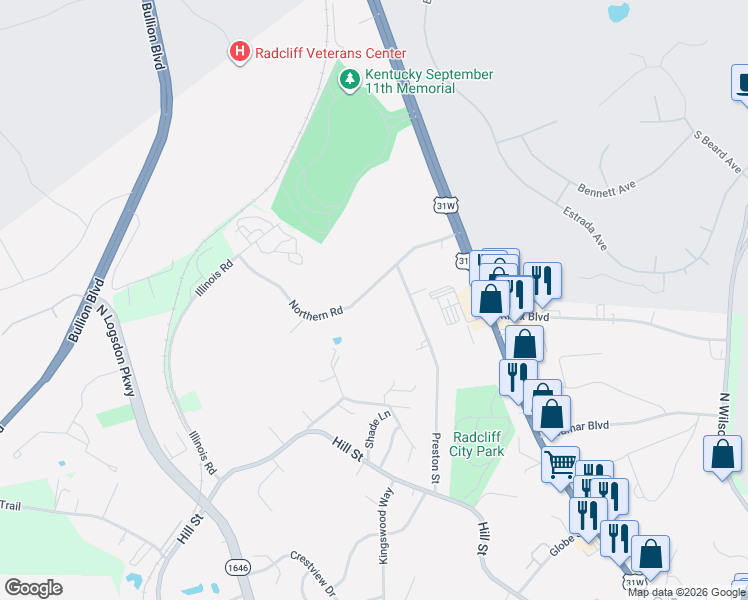 map of restaurants, bars, coffee shops, grocery stores, and more near 2602-2604 Northern Road in Radcliff