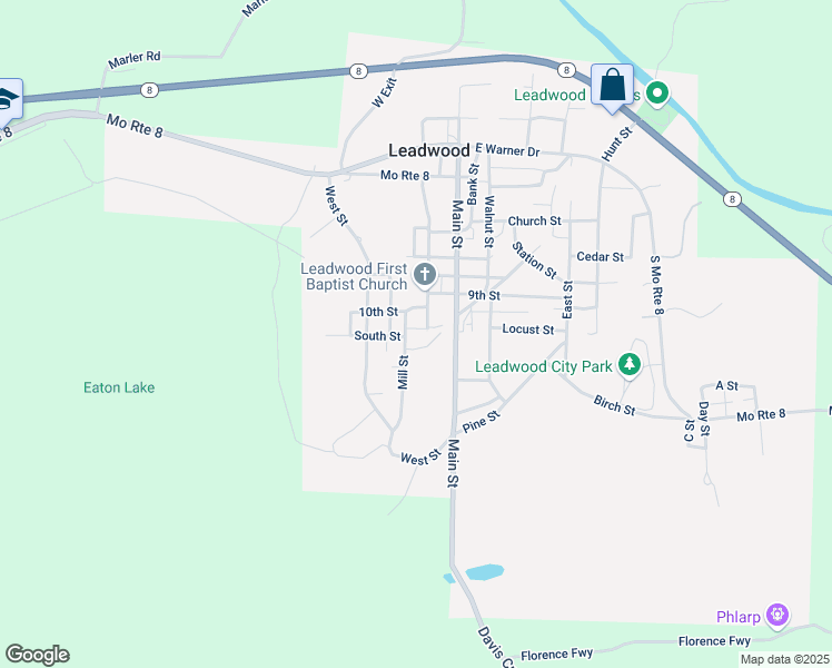 map of restaurants, bars, coffee shops, grocery stores, and more near 1106 Mill Street in Leadwood