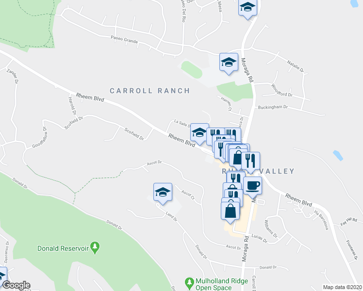 map of restaurants, bars, coffee shops, grocery stores, and more near 344 Rheem Boulevard in Moraga