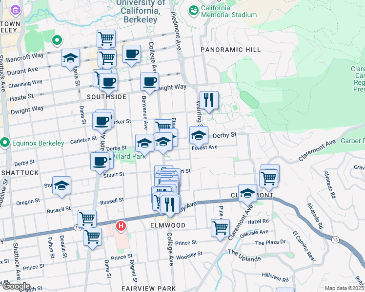map of restaurants, bars, coffee shops, grocery stores, and more near 2720 Piedmont Avenue in Berkeley