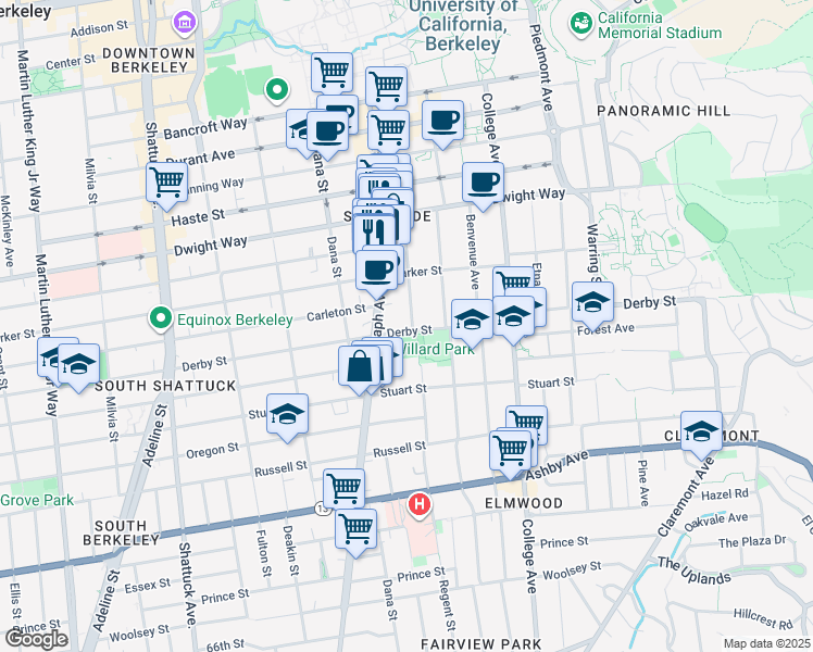 map of restaurants, bars, coffee shops, grocery stores, and more near 2447 Derby Street in Berkeley