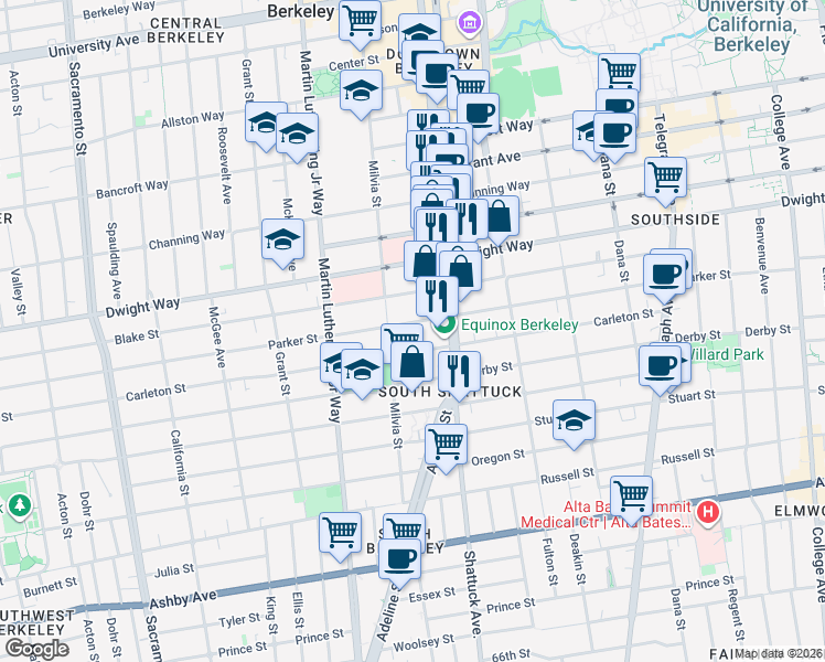 map of restaurants, bars, coffee shops, grocery stores, and more near 2036 Parker Street in Berkeley