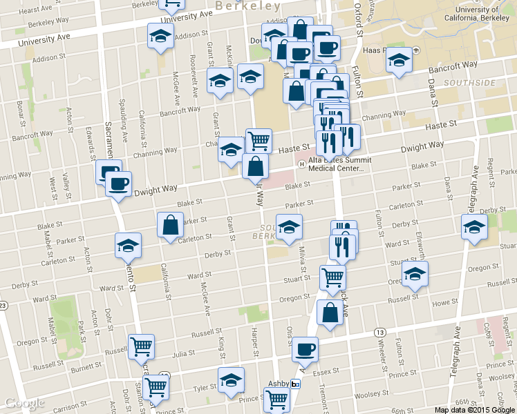 map of restaurants, bars, coffee shops, grocery stores, and more near 1831 Parker Street in Berkeley