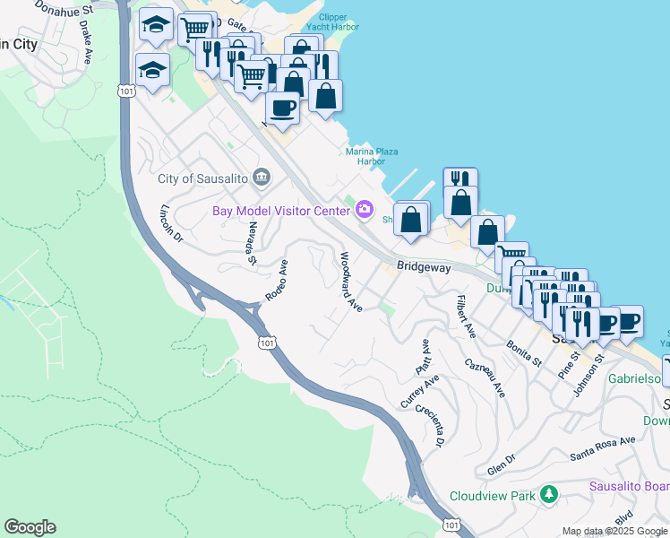 map of restaurants, bars, coffee shops, grocery stores, and more near in Sausalito