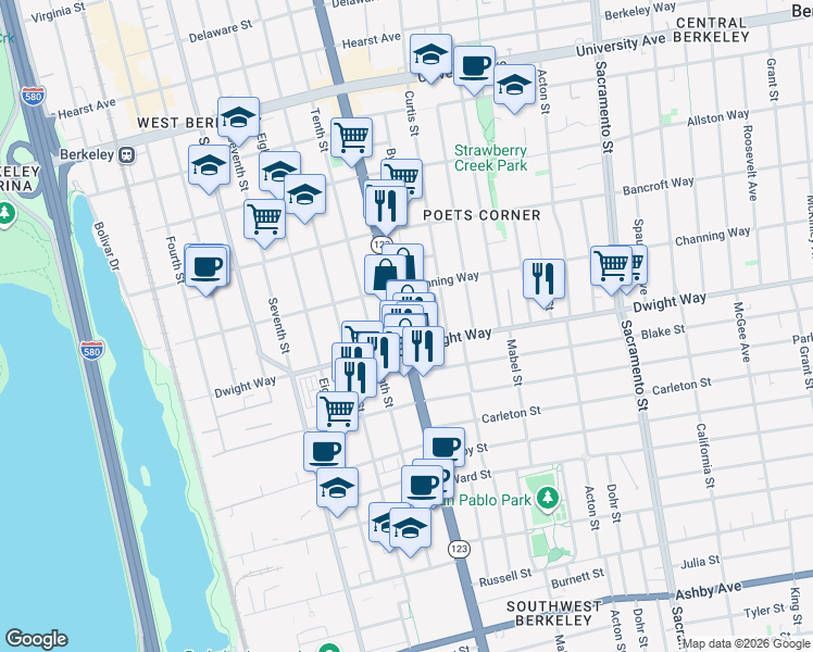 map of restaurants, bars, coffee shops, grocery stores, and more near in Berkeley