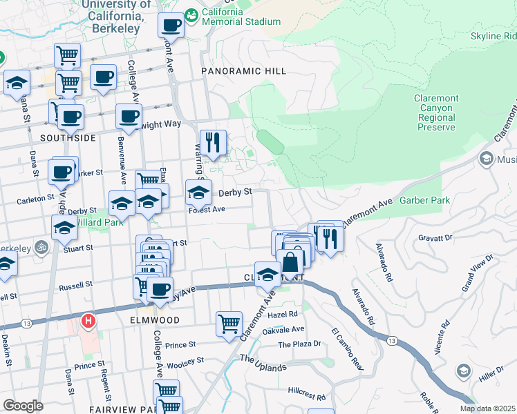 map of restaurants, bars, coffee shops, grocery stores, and more near 2728 Claremont Boulevard in Berkeley