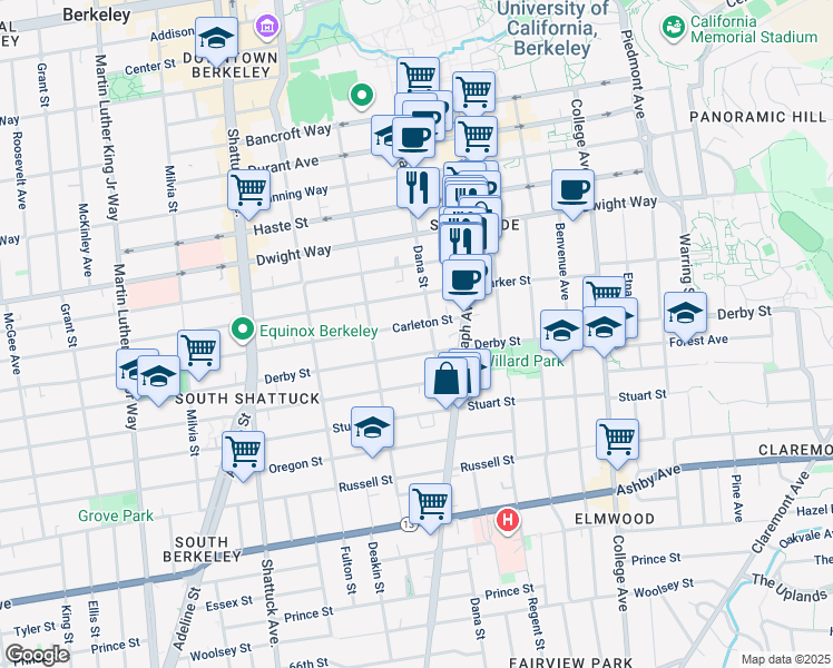map of restaurants, bars, coffee shops, grocery stores, and more near 2341 Derby Street in Berkeley