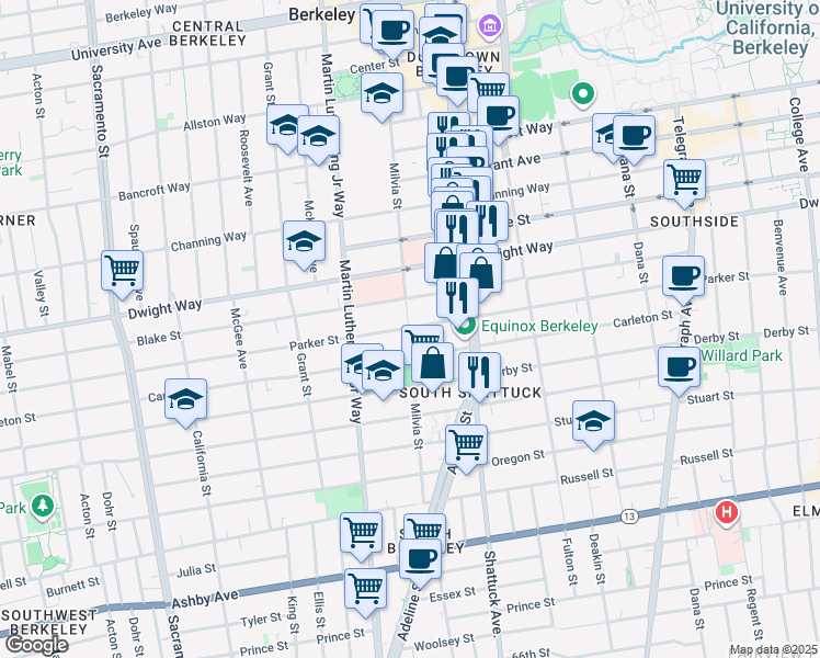 map of restaurants, bars, coffee shops, grocery stores, and more near 2609 Milvia Street in Berkeley