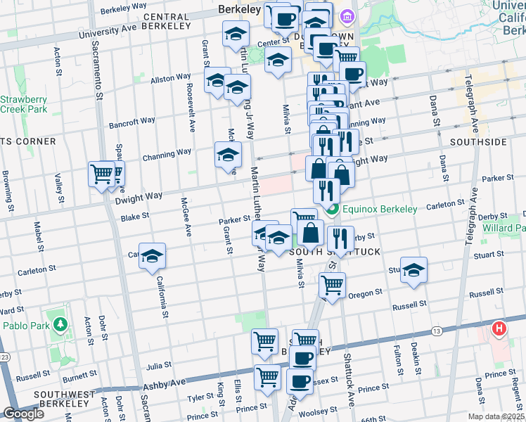 map of restaurants, bars, coffee shops, grocery stores, and more near 1918 Parker Street in Berkeley