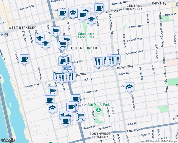 map of restaurants, bars, coffee shops, grocery stores, and more near in Berkeley