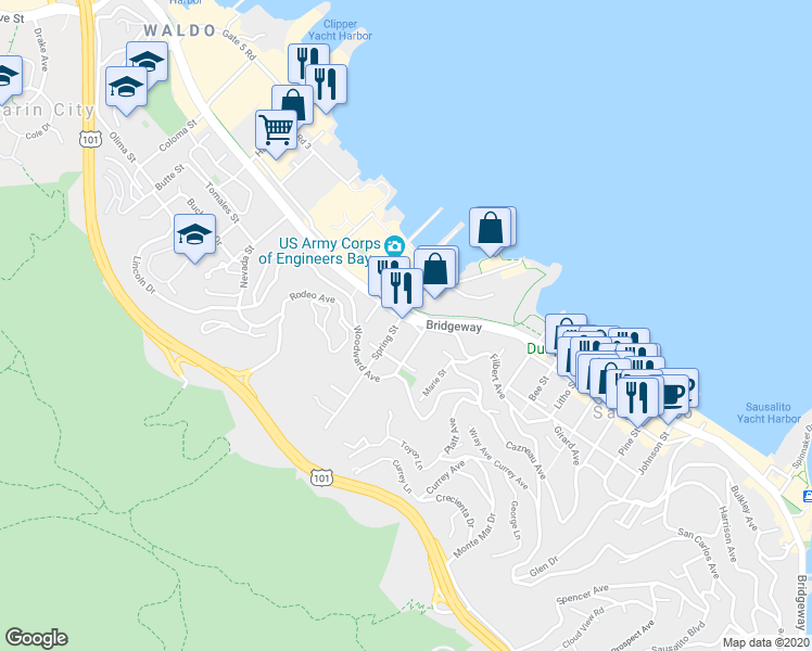 map of restaurants, bars, coffee shops, grocery stores, and more near in Sausalito