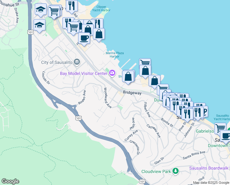 map of restaurants, bars, coffee shops, grocery stores, and more near 110 Pearl Street in Sausalito