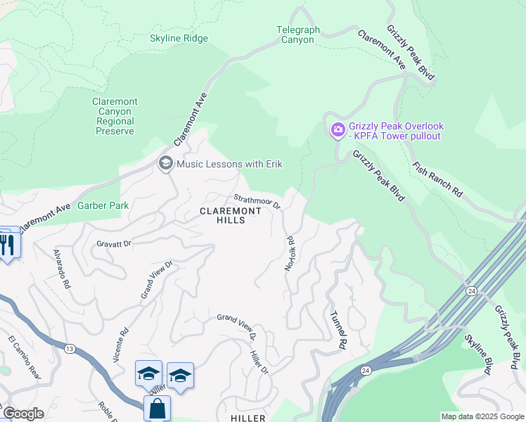 map of restaurants, bars, coffee shops, grocery stores, and more near 7068 Kenilworth Road in Berkeley
