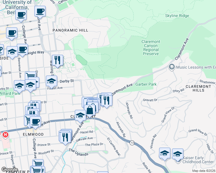 map of restaurants, bars, coffee shops, grocery stores, and more near 221 Stonewall Road in Berkeley