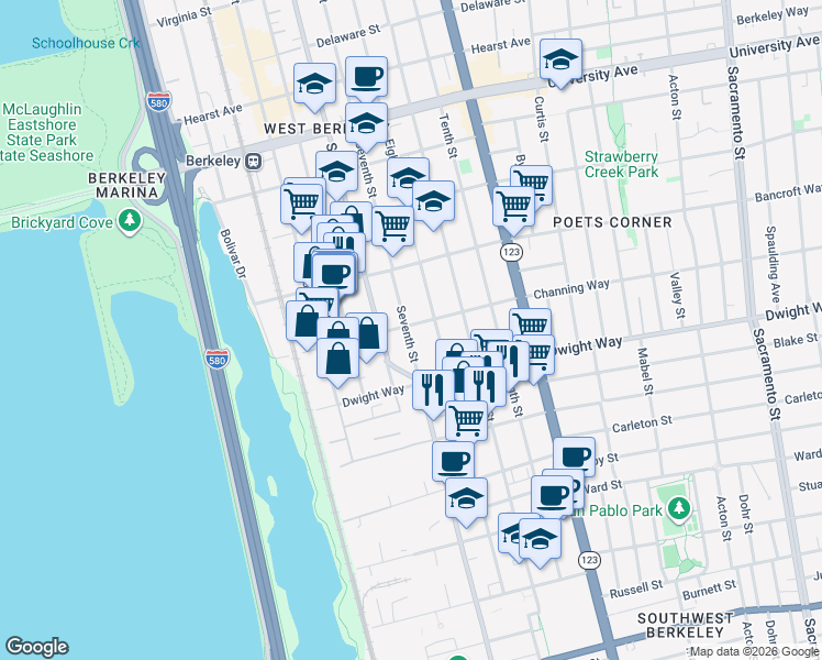 map of restaurants, bars, coffee shops, grocery stores, and more near in Berkeley