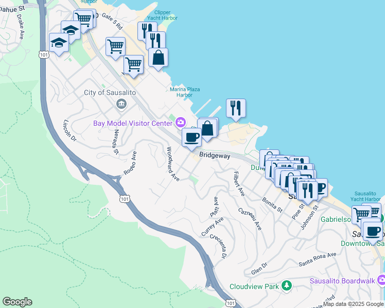 map of restaurants, bars, coffee shops, grocery stores, and more near in Sausalito