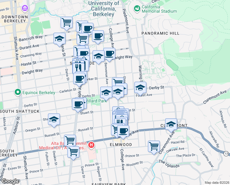 map of restaurants, bars, coffee shops, grocery stores, and more near 2703 Benvenue Avenue in Berkeley