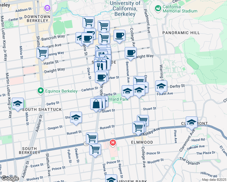 map of restaurants, bars, coffee shops, grocery stores, and more near 2447 Derby Street in Berkeley